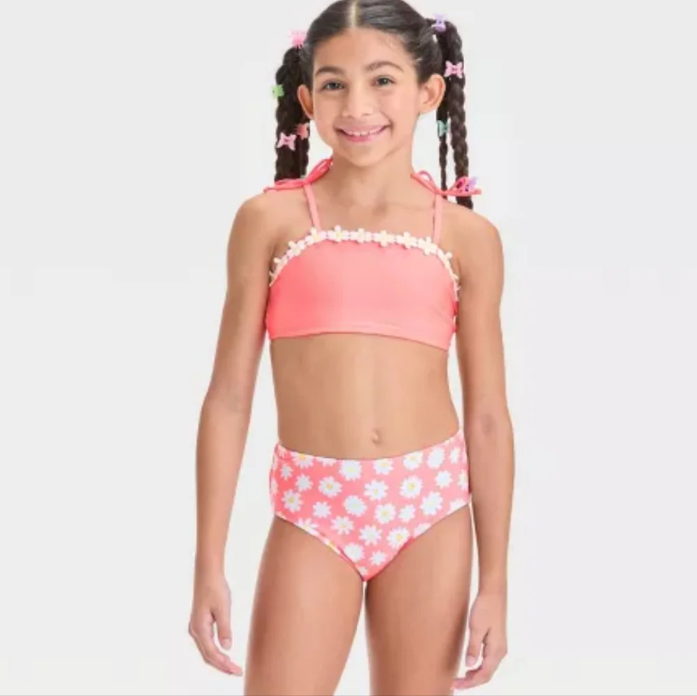 Girls' Simple Daisy Floral Printed Bikini Top L 10/12 - Picture 2 of 7